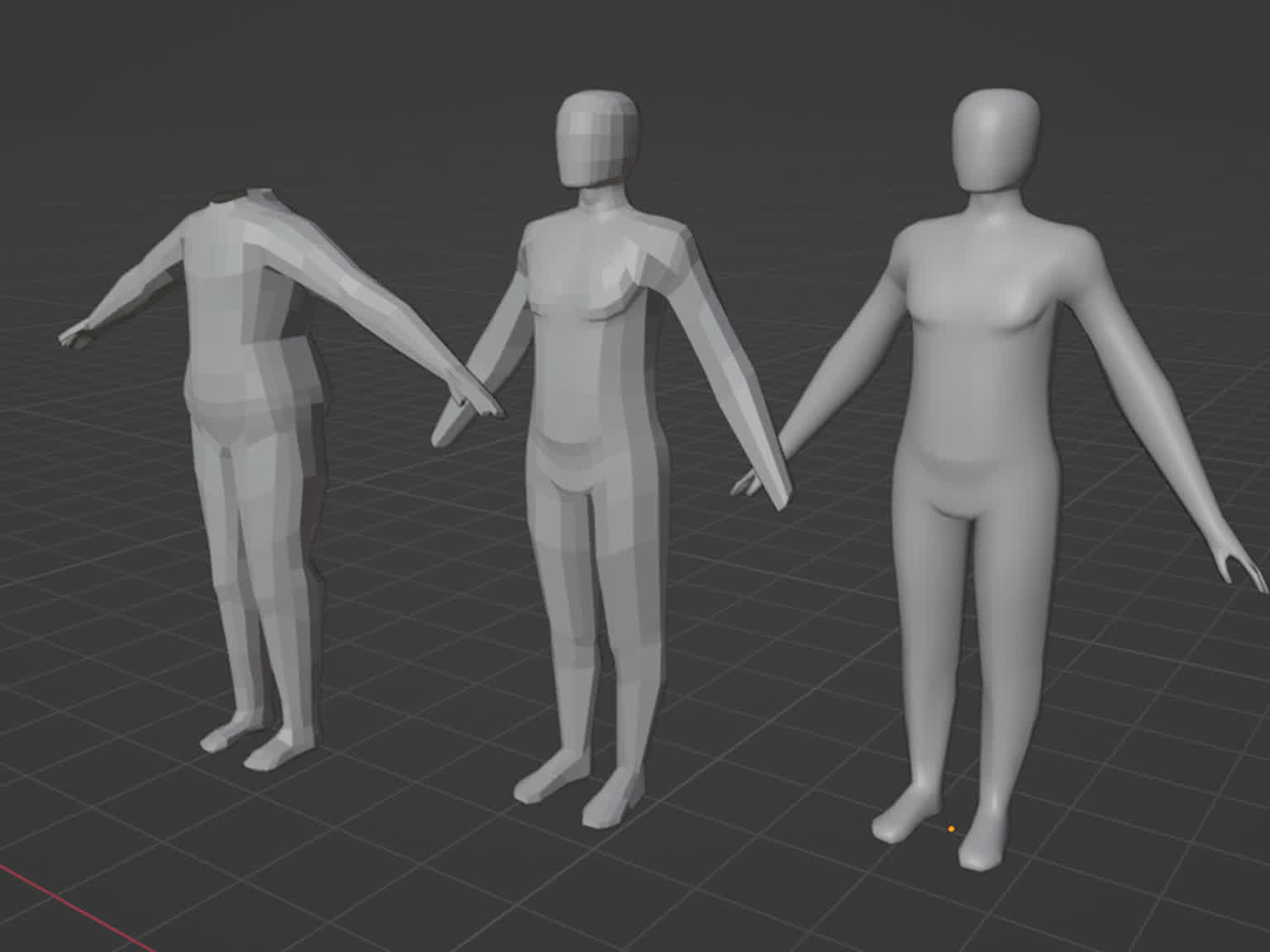 Three models of a person, oldest on the left and newest on the right