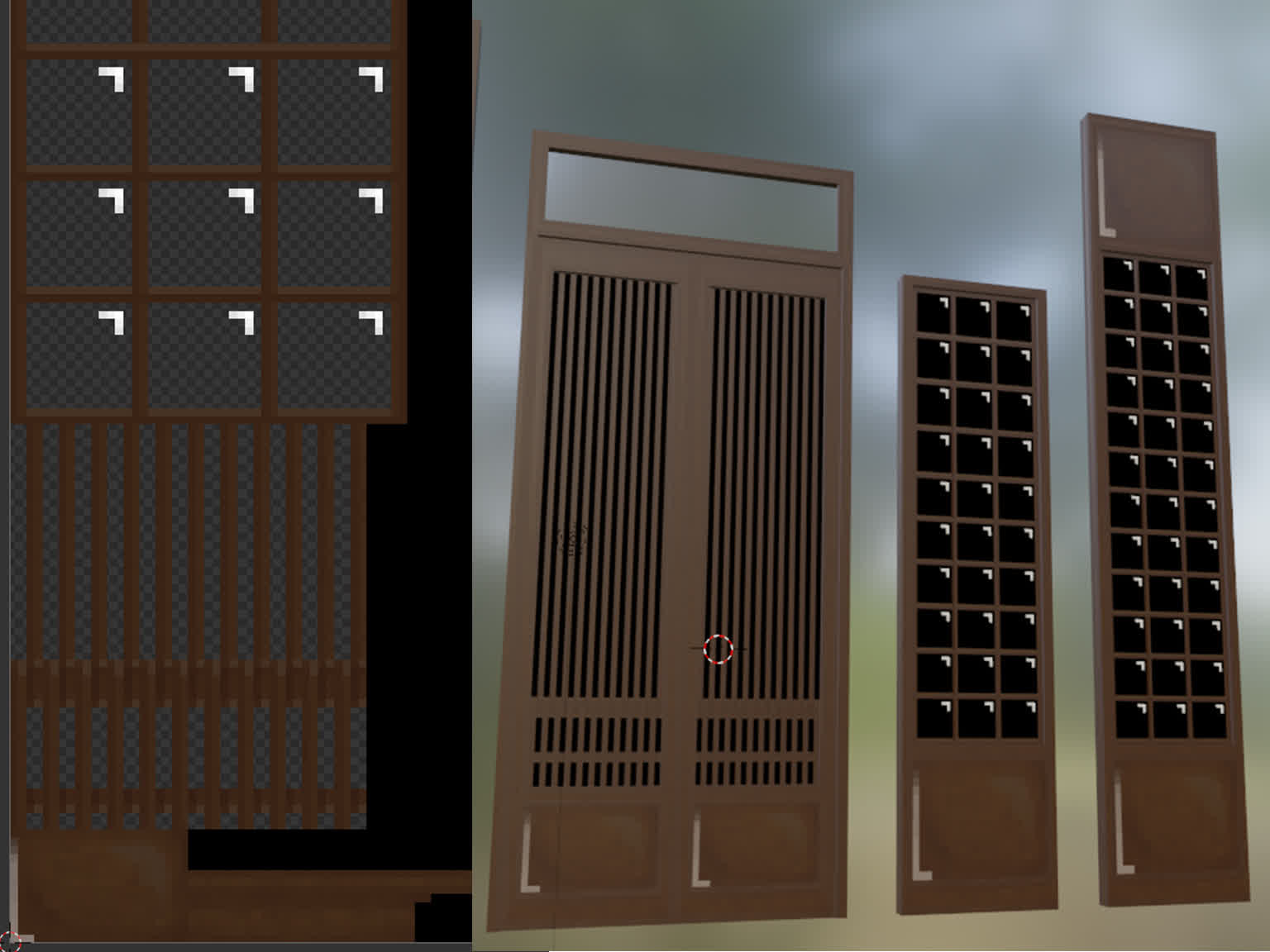 flat-looking, rectangular doors in Blender, in a sort of pixel art style