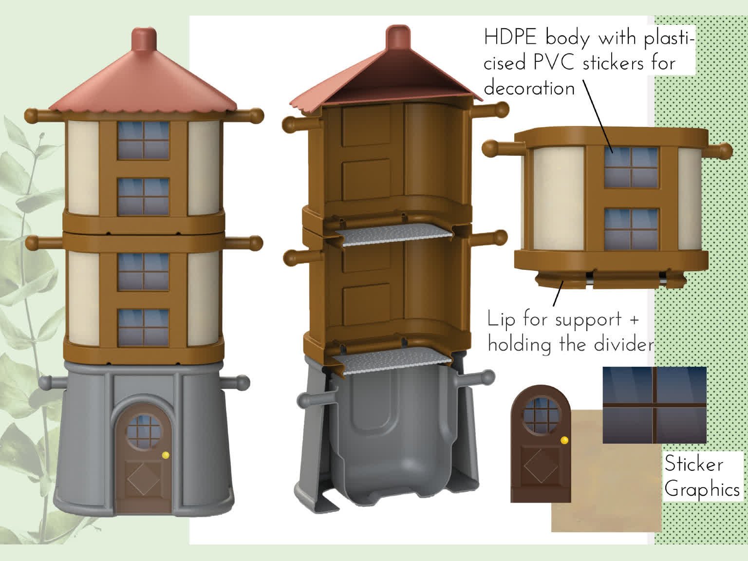 Section of a garden composter setup, showing how the buckets for compost fit together.
