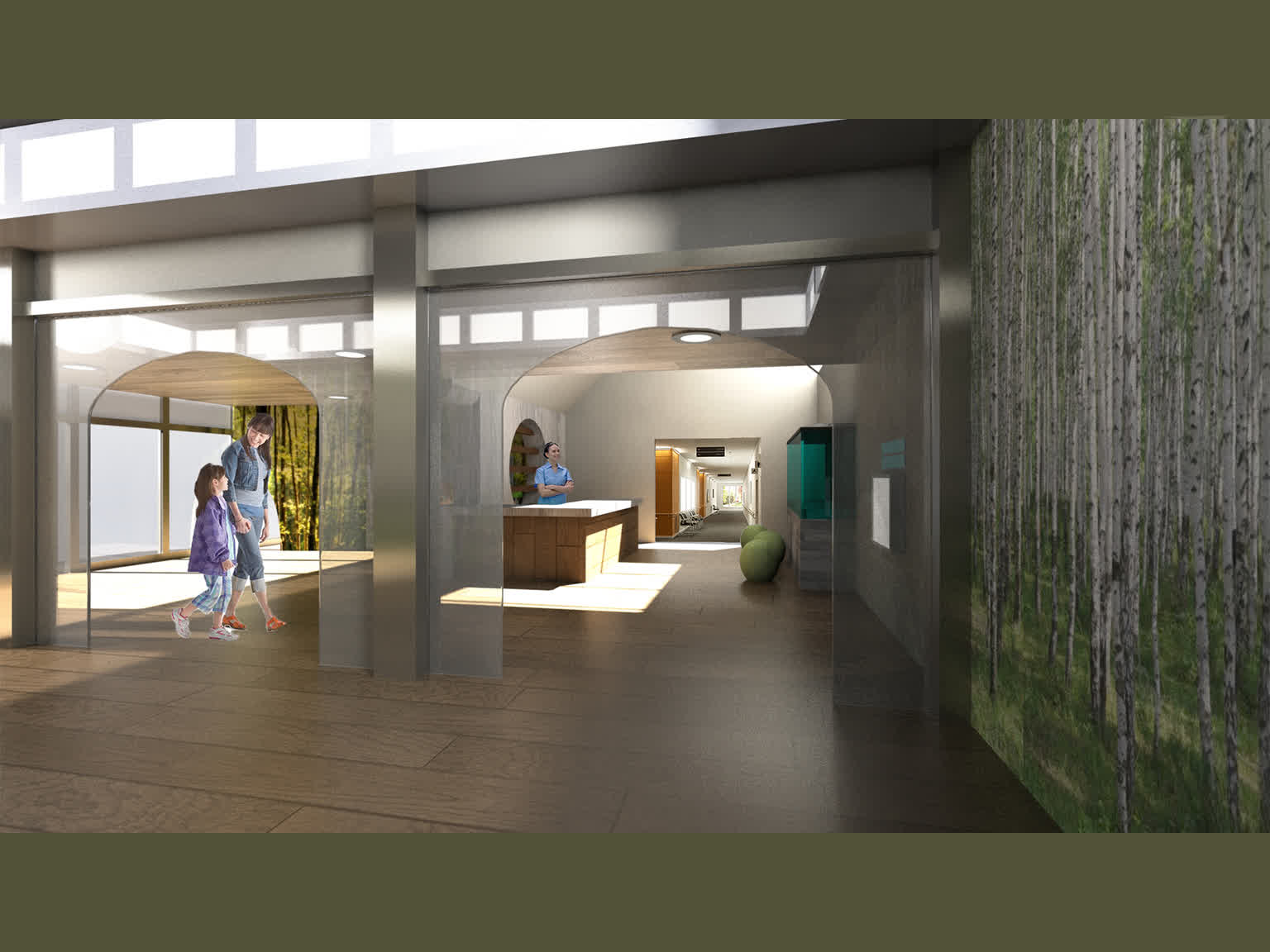 View of the hospital scene, from the waiting area looking toward the reception desk. Celestory lighting and arched partitions give the feeling of being in a small, comforting space
