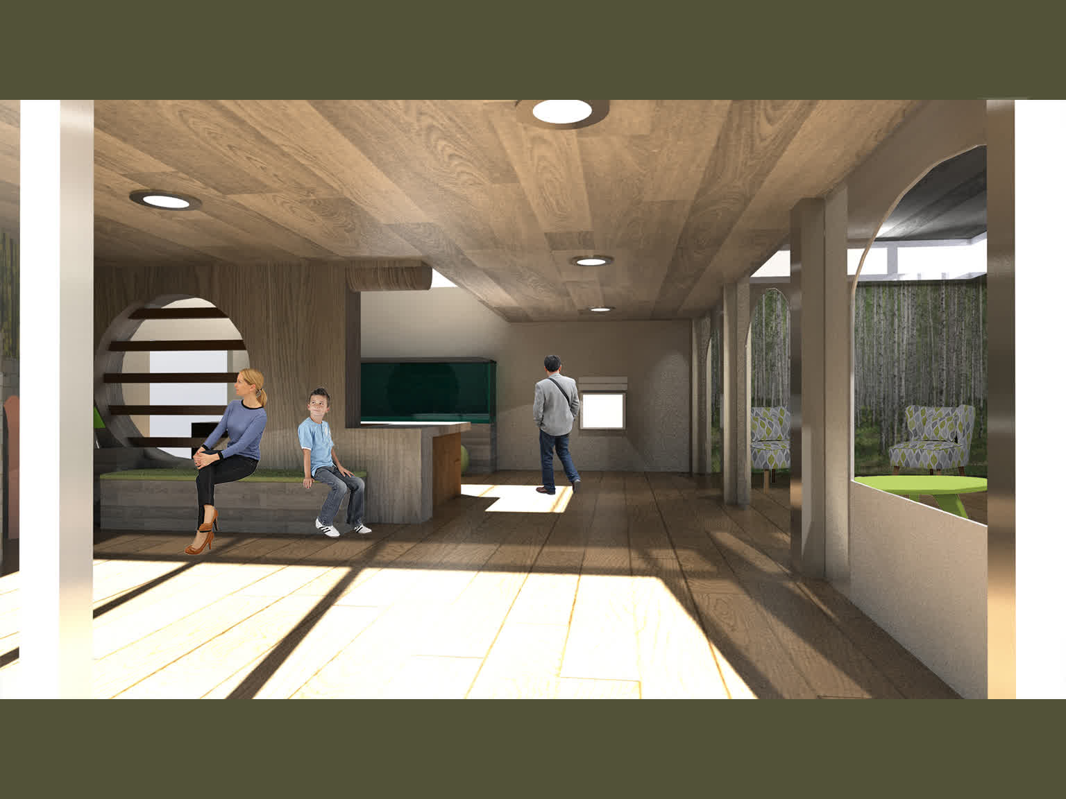 View of a pediatric hospital's waiting room, from the entrance looking inward. Lights on the ceiling, the fish tank, and the sign-in terminal guide a visitor forward, while waiting areas are separated from foot traffic.
