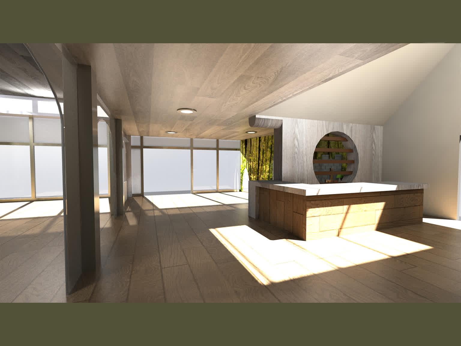View of the hospital waiting room, from the back of the room looking toward the entrance. A skylight shines natural light onto the reception desk, helping light it up as the center of the room