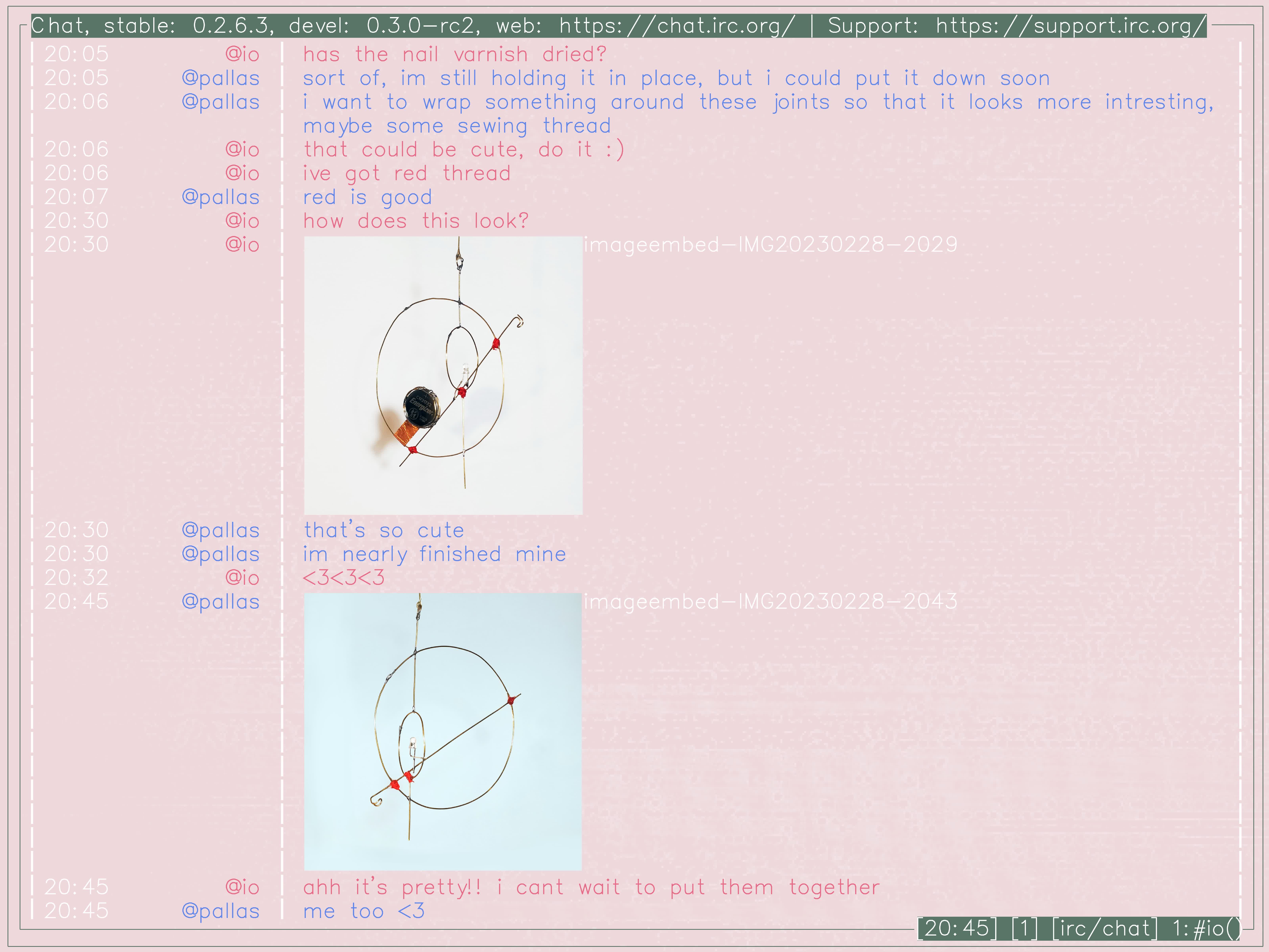 mockup chat screenshot of the collaborative making process two people go through over distance, using brass wire electronics as a way of making