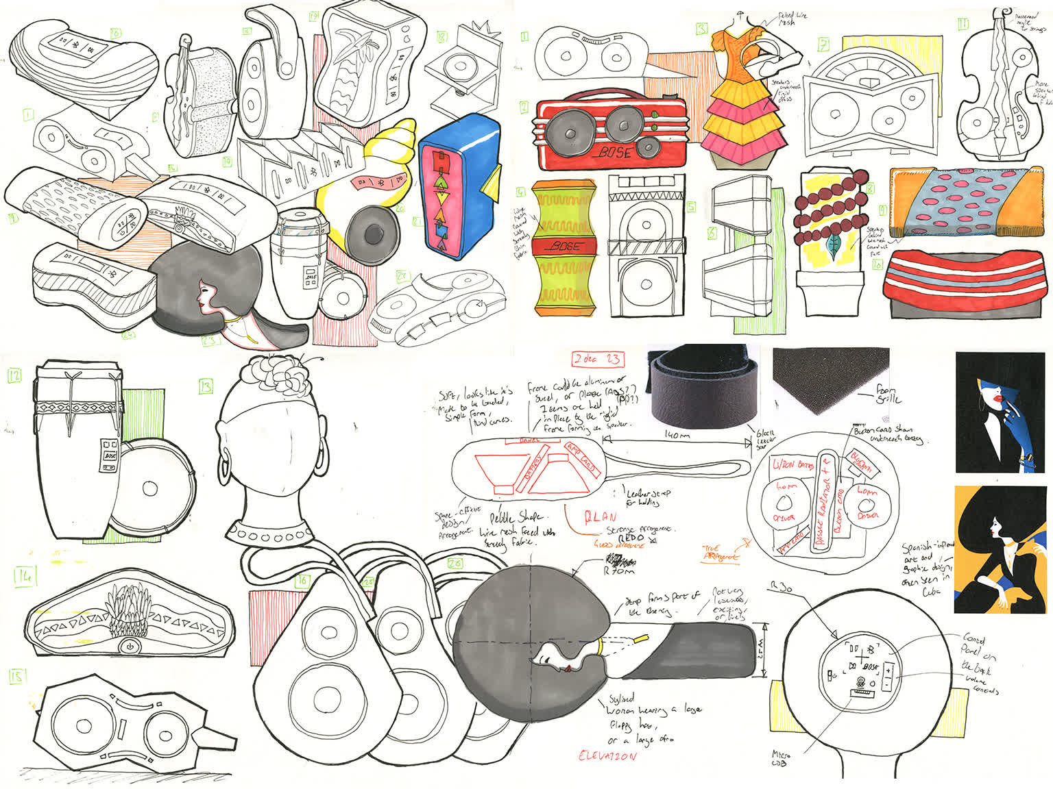 Sketches of Bluetooth active speakers based on Cuban culture and iconography.