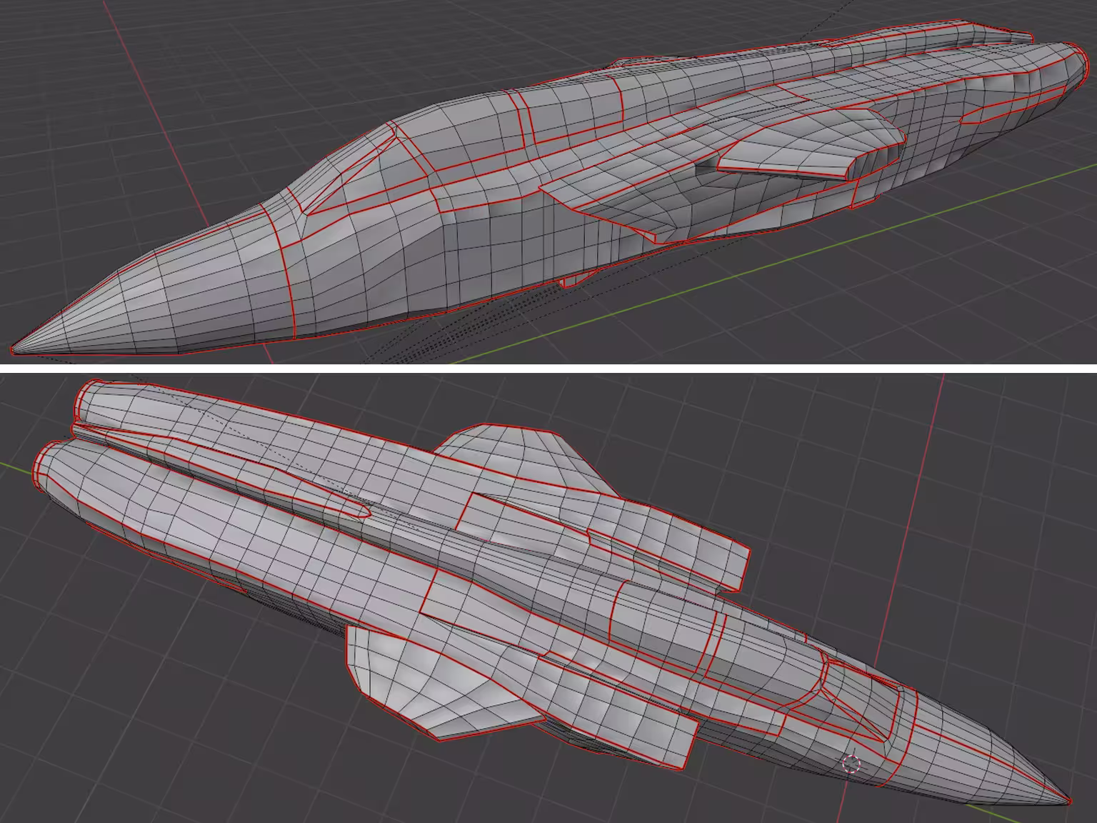 Blender model of the plane fuselage showing the UV seams in red
