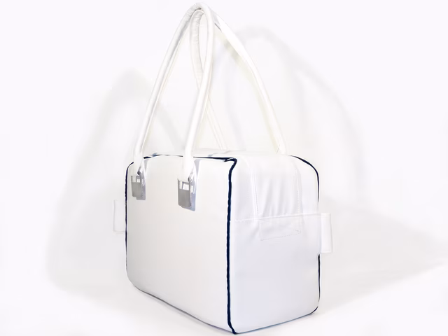 The bag, 3/4ths perspective, showing the zipper-cover from the back side